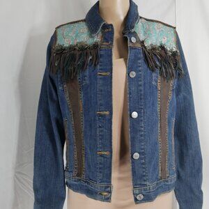 Western Style Embellished Denim Jean Jacket Fringe Leather Feathers Wms Large **